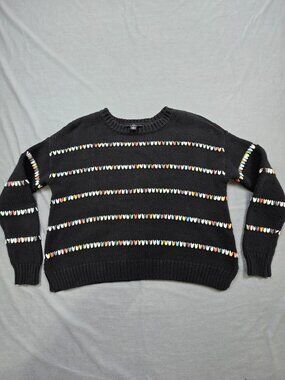 IN San Francisco Medium Knit Sweater Black Multicolor Striped Hearts Pullover